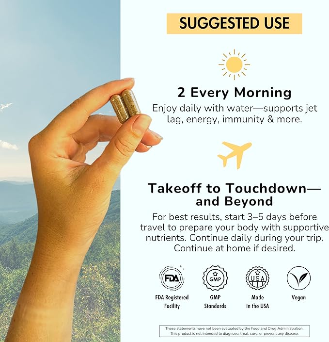 Travel Vitamin Supplement for Flight and Daily, Jet Lag, Energy, Immune, Digestion Support, Promote Calmness with Ashwagandha, Rhodiola, Chia & D3 for Better Sleep & Mood | Vegan, 60 Count
