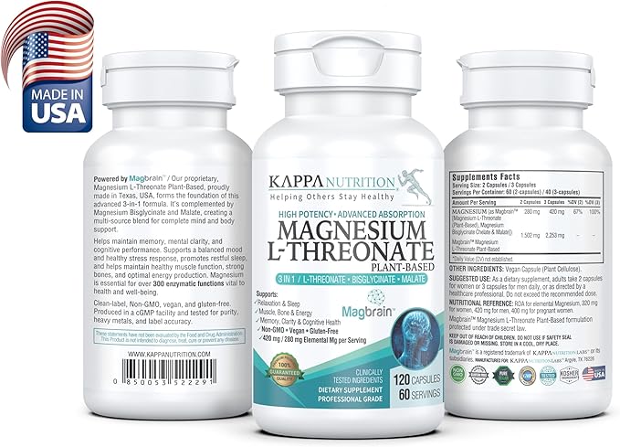 Kappa Nutrition Magbrain™ Magnesium L-Threonate Plant-Based, 420mg Elemental Magnesium (3 Capsules) from 2,253mg, 120 Vegan Capsules, Brain, Sleep & Muscle Support.