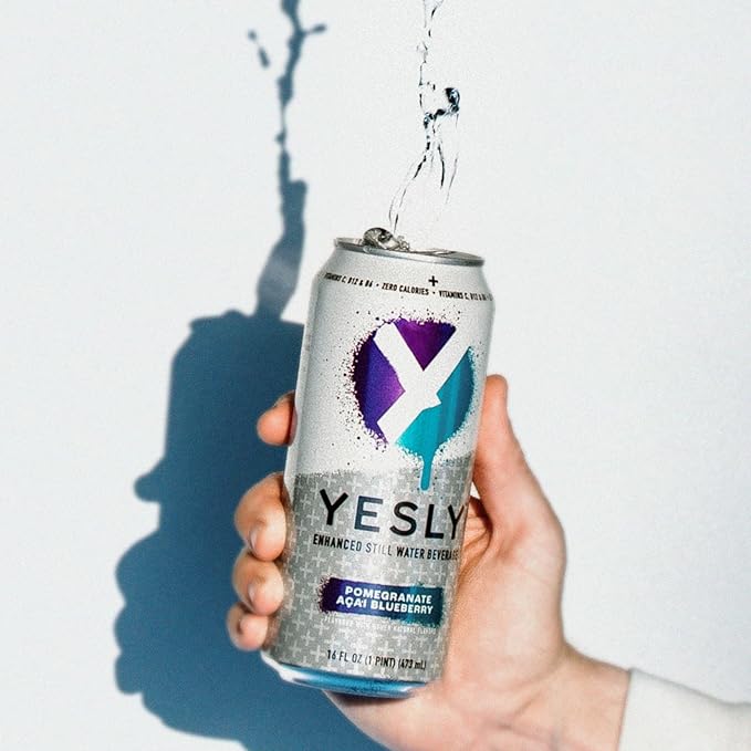 Yesly Functional Water, Pomegranate Acai Blueberry, Naturally Flavored Still Water with Electrolytes, Magnesium, Potassium, Vitamin C, B6 & B12, Zero Sugar, No Artificial Sweeteners, 16 Fl Oz Cans, 12 Pack