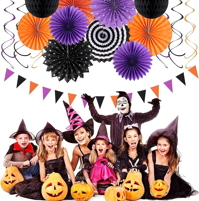 Orange Black Purple Halloween Party-Decorations - 33Pcs Banner,Streamers Tassel Garland,Tissue Pom Poms Honeycomb,Paper Lantern Fan,Birthday Wedding Baby Bridal Shower Decor Hugtmr