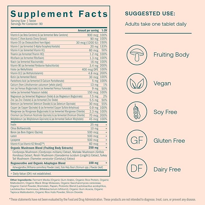 True Grace One Daily Women’s Multivitamin Fermented Minerals, Organic Adaptogens & Mushrooms Whole Body Balance, Immune, Energy, Beauty Support - Non-GMO, Gluten Free, Soy Free - 90 Vegan Tablets