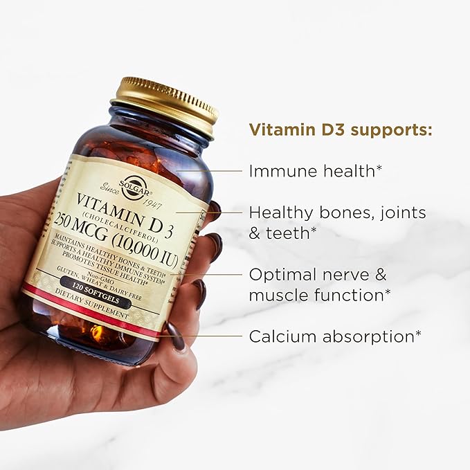 Solgar Vitamin D3 (Cholecalciferol) 250 MCG (10,000 IU), 120 Softgels - Helps Maintain Healthy Bones & Teeth - Immune System Support - Non GMO, Gluten/ Dairy Free - 120 Servings