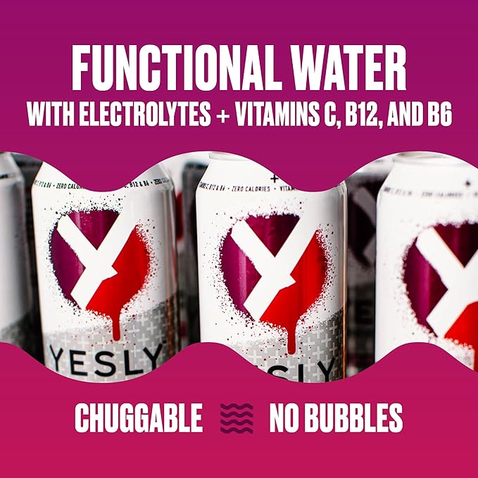Yesly Functional Water, Black Cherry, Naturally Flavored Still Water with Electrolytes, Magnesium, Potassium, Vitamin C, B6 & B12, Zero Sugar, No Artificial Sweeteners, 16 Fl Oz Cans, 12 Pack