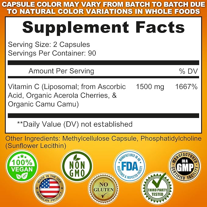 Liposomal Vitamin C Capsules - 1500mg - Made with Organic Acerola Cherries & Camu Camu, High Potency Vitamin C Liposomal - Immune Support Supplement, Enhanced Absorption & Bioavailability - 180 Count