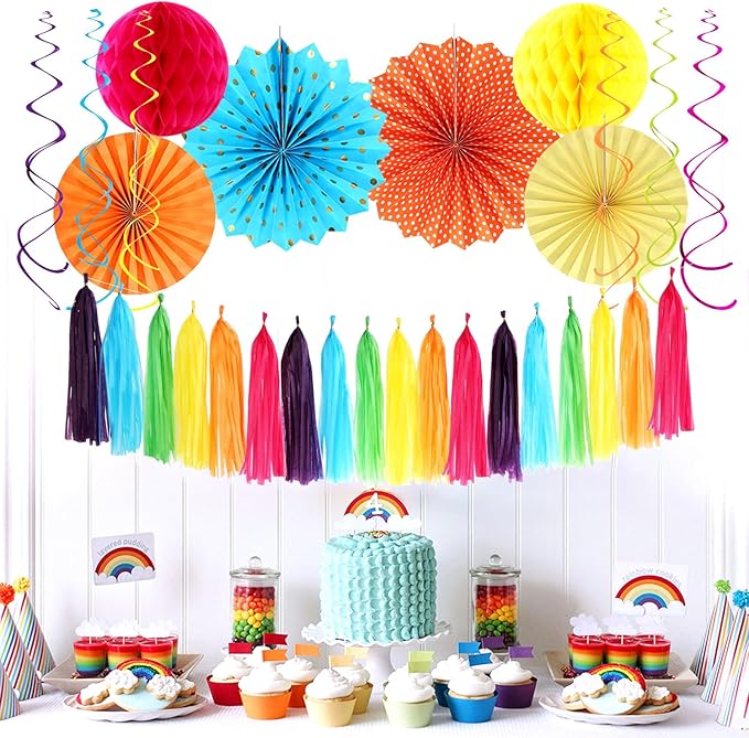Rainbow Birthday Party-Decorations - 33pcs Colorful Banner,Mexican Theme Streamers Tassel Garland,Tissue Pom Poms Honeycomb,Paper Lantern Fans,Baby Shower Classroom Decor Supplies Hugtmr