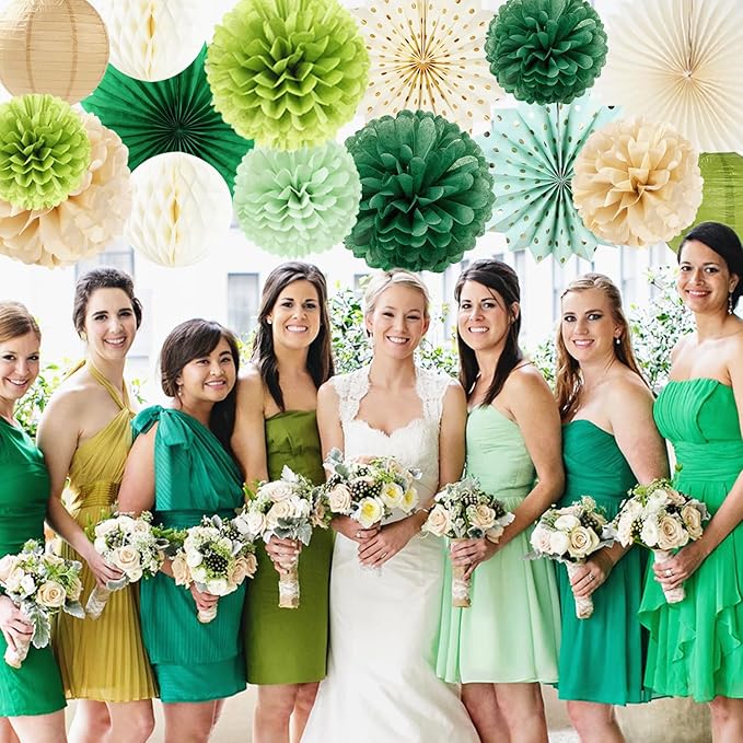Sage-Green Boho Party-Decorations Paper-Flowers Lanterns - 20PCS Rustic Tissue Pom Poms Streamers Fans Honeycomb, Birthday Baby Shower Neutral Garden Neutral Wedding Hanging Supplies Decor Burgleda
