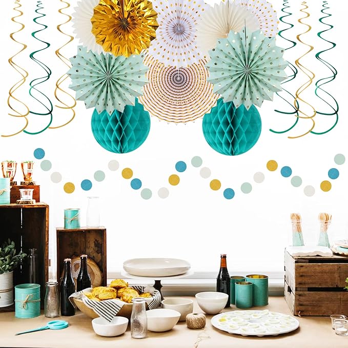 Teal-Gold Sage Green Party-Decoration - 33pcs Kits Tissue Pom Poms Honeycomb,Banner,Streamers Tassel Garland,Paper Lantern Fans,Wedding Engagement Bachelorette Birthday Baby Bridal Shower Decor Hugtmr