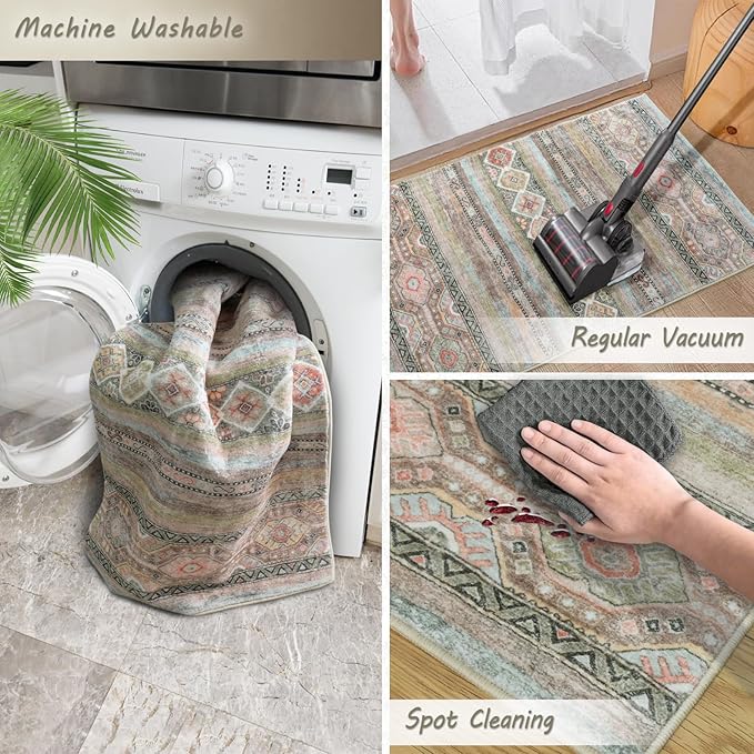 Area Rug 2x3 Distressed Small Entryway Rug Vintage Doormat Faux Wool Non-Slip Washable Low-Pile Floor Carpet for Indoor Front Entrance Kitchen Bathroom (Olive 2x3)