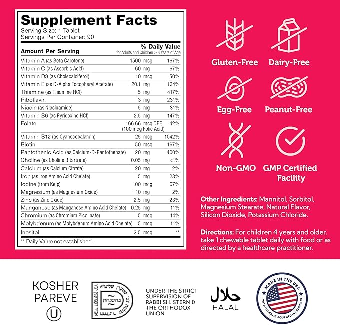 Zahler Kids Multivitamin Chewable Vitamin Tablet - Complete One Daily Vitamins Supplement - Contains 20+ Minerals & Vitamins for Kids & Toddlers - Kosher Multivitamins Cherry Flavor (90)