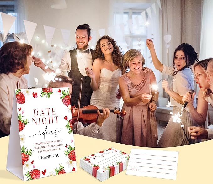 Strawberry Themed Share Your Date Night Ideas Game, 1 Tabletop Sign and 50 Cards, Bridal Shower Games 50 Guests, Wedding Shower Games for Bachelorette Night Engagement Wedding Event & Party Supplies
