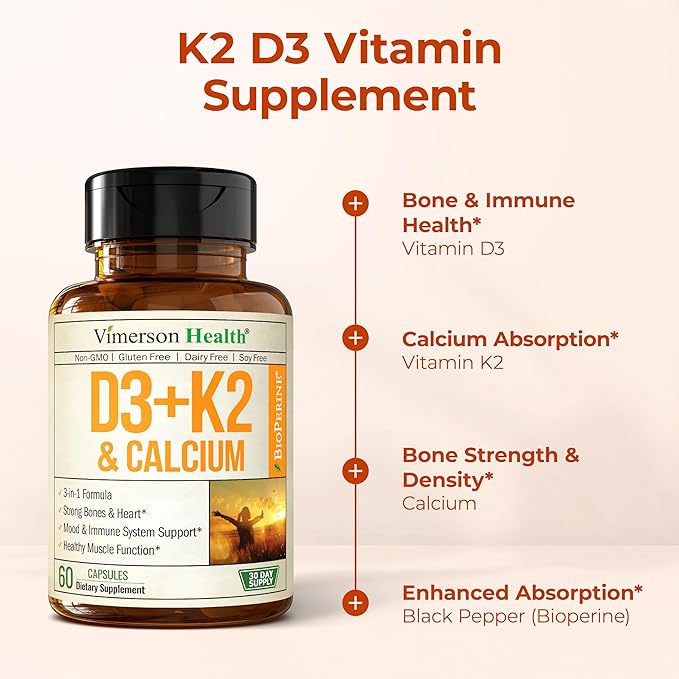 Vitamin D3 K2 5000 IU Supplement – Vitamin D + Vitamin K2 (as MK7) + Calcium – 3-in-1 Support for Immune, Bone & Heart Health – K2 D3 Vitamin Supplement with Black Pepper for Max Absorption – 60 Caps