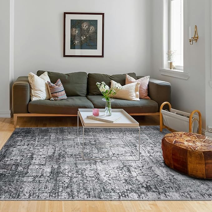 Area Rug 4×6, Vintage Boho Rug,Ultra-Soft Low Pile, Washable, Non Slip,Stain Resistant Printed Carpet for Living Room Bedrooms Playroom Office Kitchen, Dark Stone