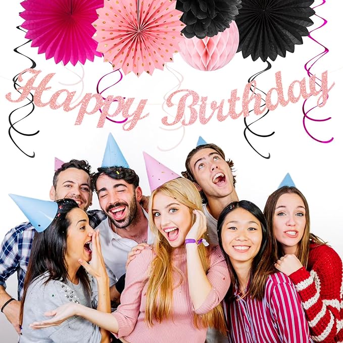 Hot-Pink Black Girls-Women Birthday Party-Decorations - 21pcs Baby Happy Banner, Paper Streamers Lanterns,Tissue Pom Poms Fan,Backdrop Decor Huglony