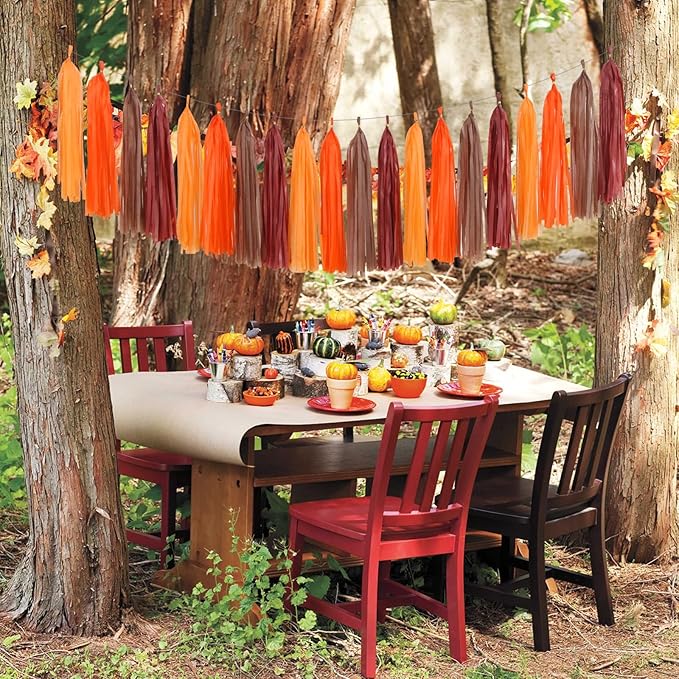 Boho Baby-Shower Burgundy-Brown Orange Party-Decorations - 23pcs Thanksgiving Fall Autumn Tissue Pom Poms Streamers,Neutral Birthday Rustic Wedding Bridal Engagement Tassel Garland Banner Ouruola