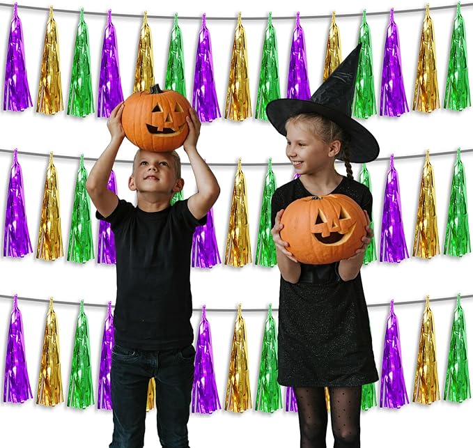 3P Metallic Fringe Tassel Banner Garland Foil Tinsel Streamer Wall Hanging Curtain Backdrop Banner for Parade Floats, Graduation, Carnival Mardi Gras Party Decorations(Gold Green Purple)