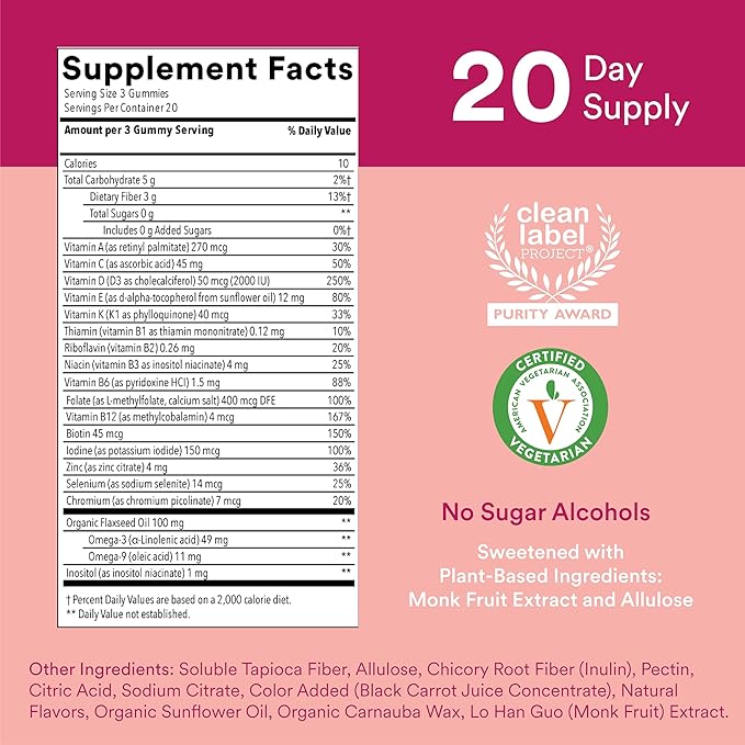 SmartyPants Women's Multivitamin Gummies, Sugar Free: Biotin, Methylfolate, Omega 3 (ALA), Vitamin D3, C, Vitamin B12, B6, A, K & Zinc, Inositol, Gluten Free, 60 Count (20 Day Supply)