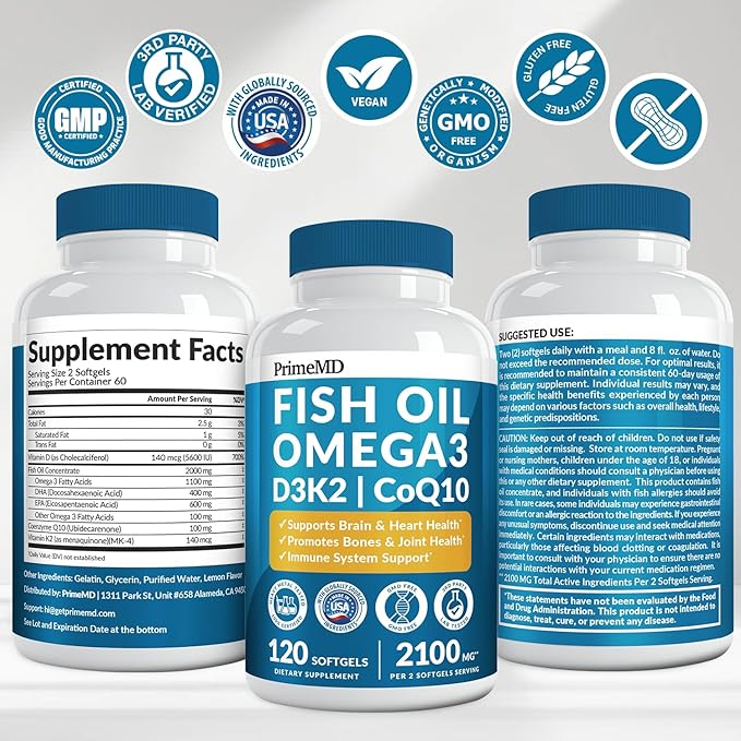 4-in-1 Fish Oil Omega 3 Fatty Supplements (2100mg) - Omega 3 Fish Oil with Vitamins D3 K2 and CoQ10 - Lemon Flavored (120 softgels, Pack of 4)