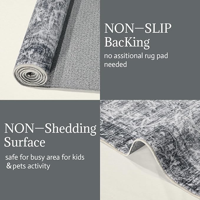 6x9 Washable Rug Vintage Fade Resistant Boho Distressed Non-Slip Indoor Large Carpet Low Pile Lightweight & High-Traffic Safe for Bedroom, Dorm, Playroom - Farmhouse Decor