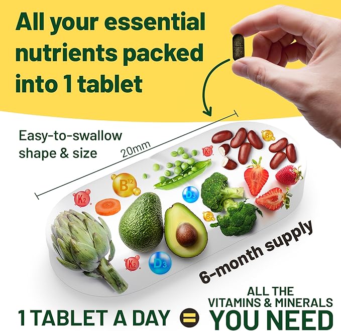 Vegan Vitality Multivitamins & Minerals for Women and Men with High Strength Vitamin B12, D3 & K2. 180 Vegan Multivitamin Tablets - 6 Months Supply. Vitamins for Vegans & Vegetarians