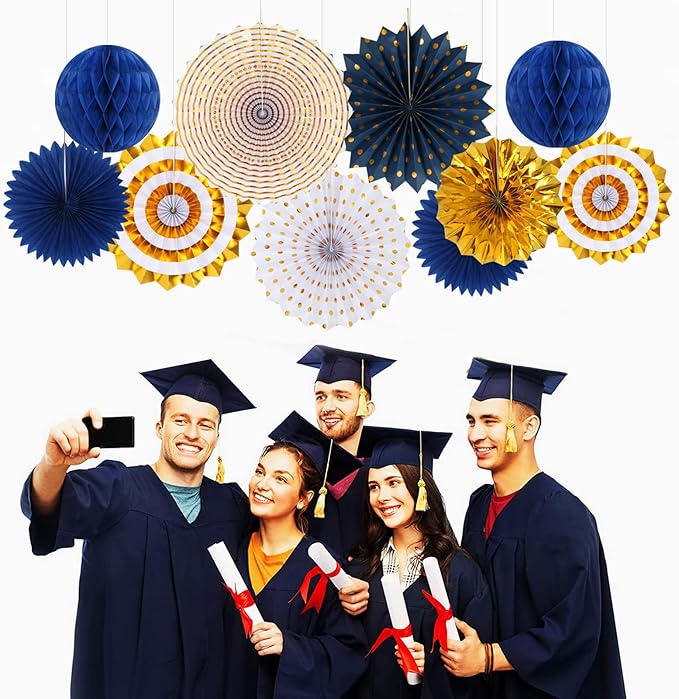 Navy-Blue White-Gold Graduation Party-Decorations - 33pcs Kits Banner, Streamers Tassel Garland,Tissue Pom Poms Honeycomb, Paper Lantern Fans,Wedding Birthday Baby Shower Backdrop Ceiling Decor Hugtmr