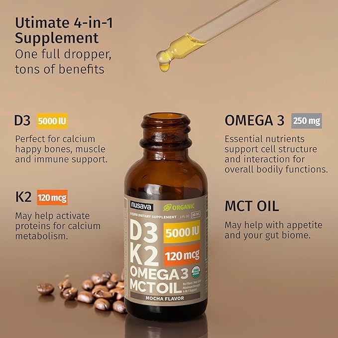 (2 Pack) Organic Vitamin D3 K2 Drops with MCT Oil Omega 3, 5000 IU, Maximum Strength Vitamin D Liquid, No Fillers, Non-GMO Liquid D3 for Faster Absorption and Immune Support (Mocha, 2 Fl Oz)