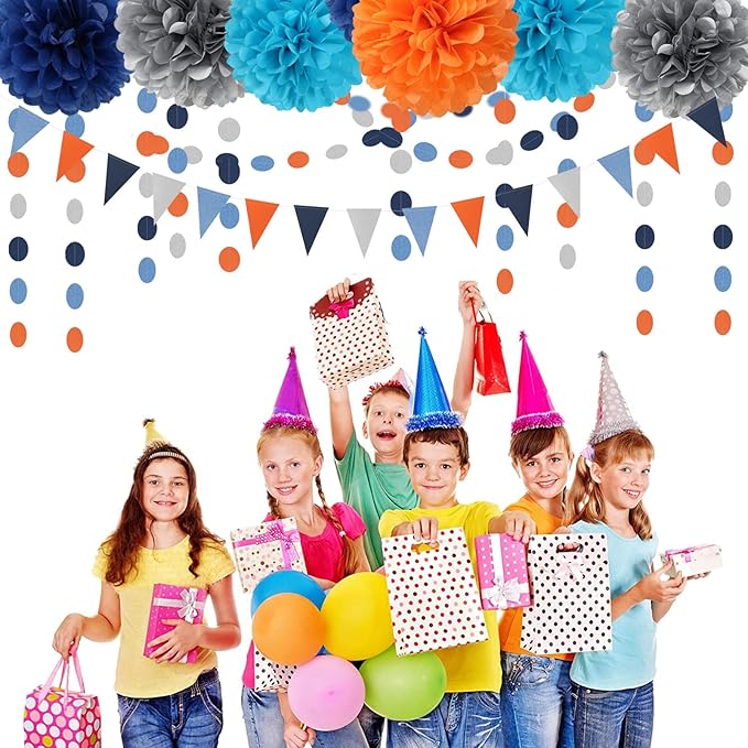 Blue-Silver Orange Space Party-Decorations Streamers-Garland - 30pcs Graduation 2025 Tissue Pom Poms,Tassel Banner Backdrop Birthday Boy Baby Shower Decor Bunting Lasting Surprise