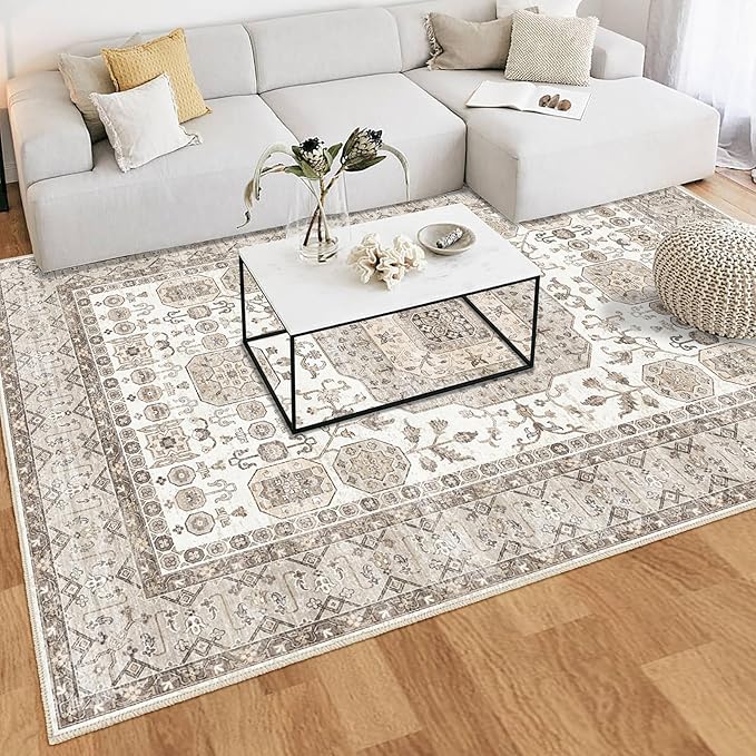 8x10 Area Rug Washable Living Room Carpet Bedroom Rug, Retro Accent Throw Distressed Rug, Easy Cleaning (Cream Beige)