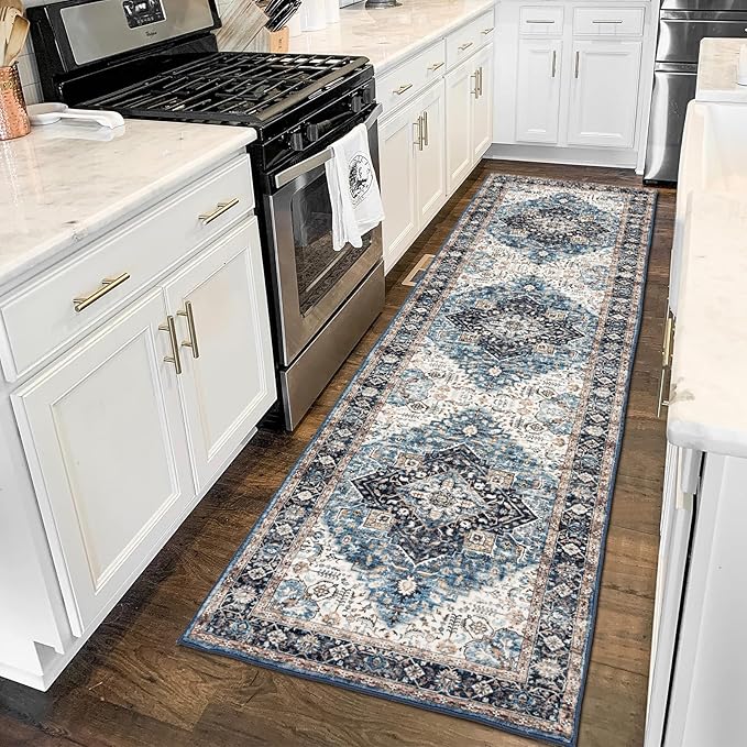 Runner Rug 2×8, Vintage Boho Rug,Ultra-Soft Low Pile, Washable, Non Slip,Stain Resistant Printed Carpet for Hallway Kitchen Living Room Bedrooms Playroom Office, Blue/Navy