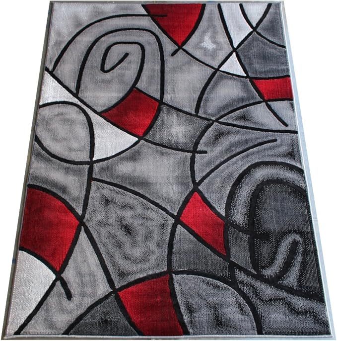 Masada Rugs, Modern Contemporary Area Rug, Red Grey Black. (8 Feet X 10 Feet)