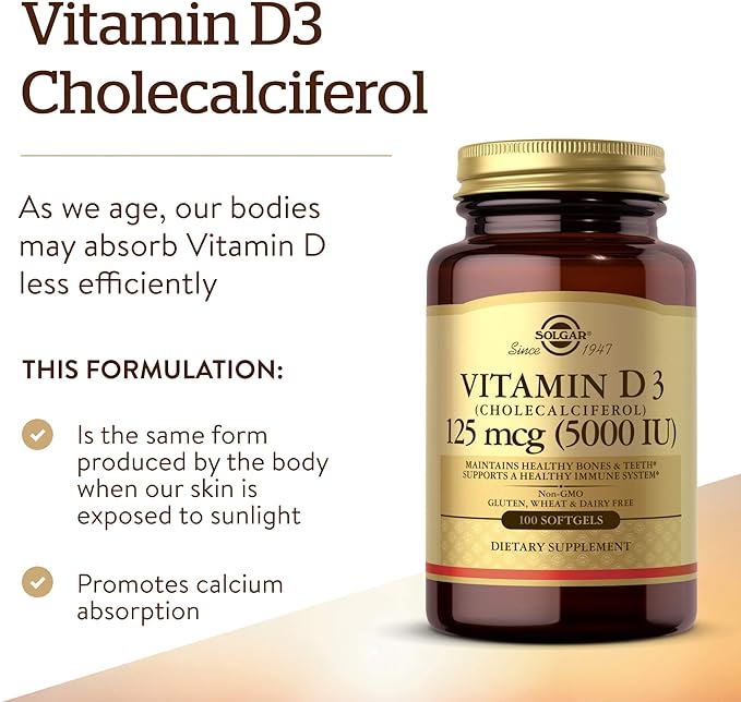 Solgar Vitamin D3 (Cholecalciferol) 125 MCG (5000 IU), 100 Softgels - Helps Maintain Healthy Bones & Teeth - Immune System Support - Non GMO, Gluten-Free, Dairy Free - 100 Servings