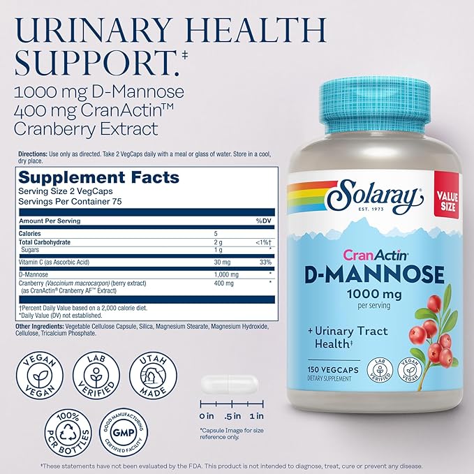 Solaray D-Mannose 1000mg with CranActin Cranberry Supplement 400mg, Urinary Tract Health & Bladder Support Capsules with Vitamin C, Vegan, 60 Day Guarantee, 75 Servings, 150 VegCaps