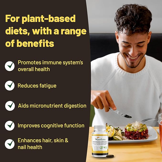 Vegan Vitality Multivitamins & Minerals for Women and Men with High Strength Vitamin B12, D3 & K2. 180 Vegan Multivitamin Tablets - 6 Months Supply. Vitamins for Vegans & Vegetarians