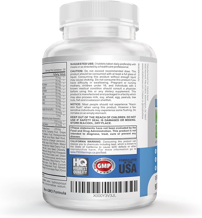 Vegan Whole Food Multivitamin & Mineral - Vitamins A B1 B2 B6 B12 C D3 E & 110 Super Foods, Herbs, Greens & Reds - Enzymes & Probiotics for Immune Support - Energy Boost - 90 Tablets