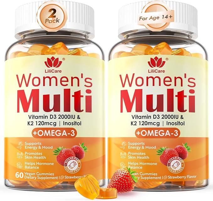 Womens Multivitamin Gummy with Omega 3(DHA/EPA), Vitamin D3 K2, Calcium, Inositol, Daily Womens Vitamin A C E B Complex, L-MethylFolate, Methyl B12,Sugar Free Methylated Multivitamins Minerals, 120Cts