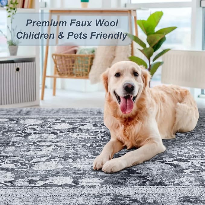 Area Rug 5×7, Vintage Boho Rug,Ultra-Soft Low Pile, Washable, Non Slip,Stain Resistant Printed Carpet for Living Room Bedrooms Playroom Office Kitchen, Stone/Grey