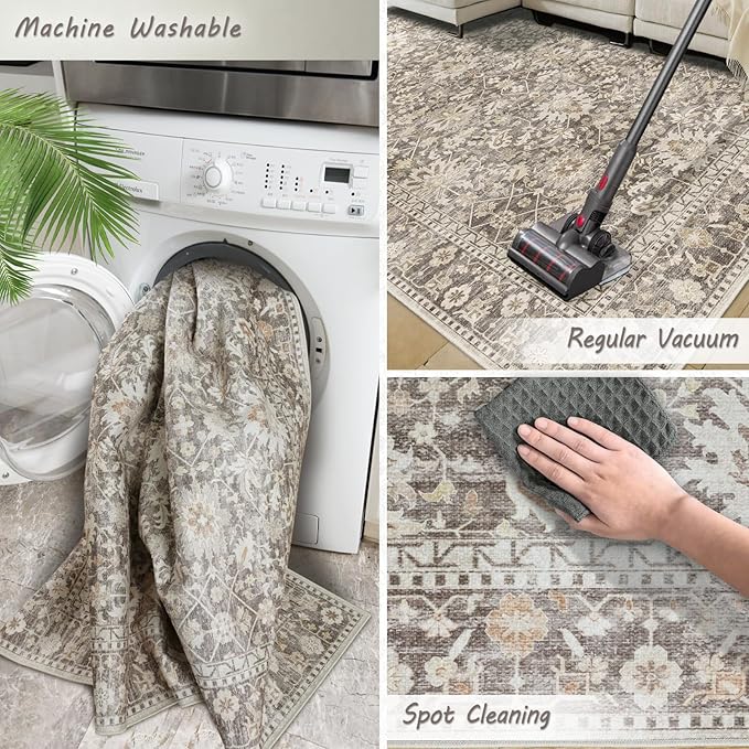 8X10 Area Rugs Machine Washable Rugs for Living Room Bedroom Hallway, Non Slip Indoor Soft Accent Distressed Boho Vintage Print Lightweight Thin Low Pile Carpet (Coffee, 8X10)