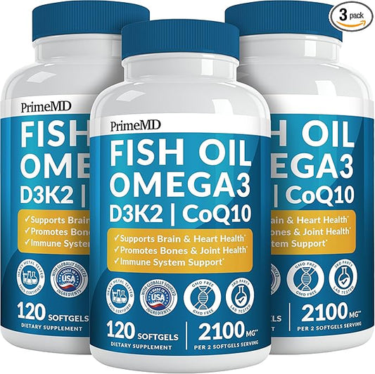 4-in-1 Fish Oil Omega 3 Fatty Supplements (2100mg) - Omega 3 Fish Oil with Vitamins D3 K2 and CoQ10 - Lemon Flavored (120 softgels, Pack of 3)