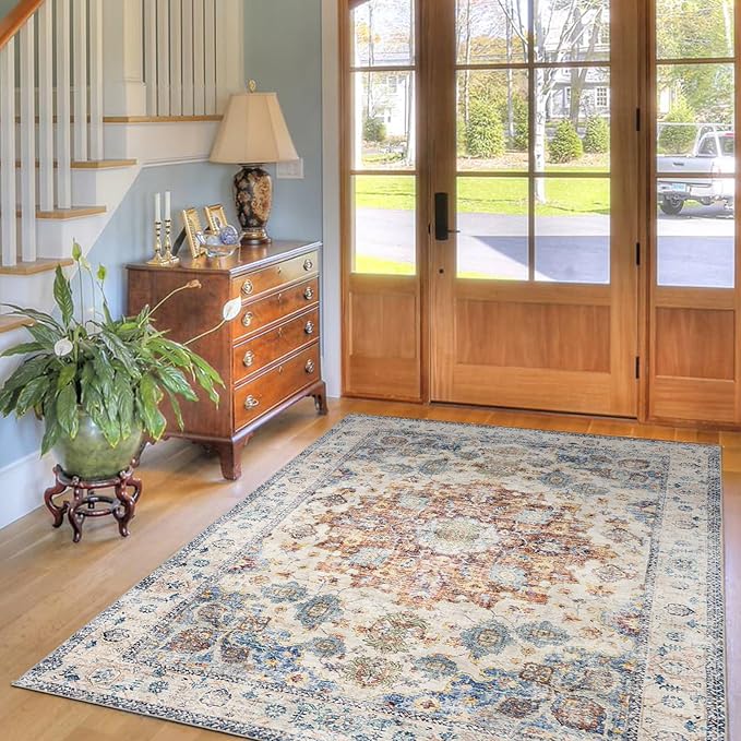 Area Rug 4×6, Vintage Boho Rug,Ultra-Soft Low Pile, Washable, Non Slip,Stain Resistant Printed Carpet for Living Room Bedrooms Playroom Office Kitchen, Blue/Red