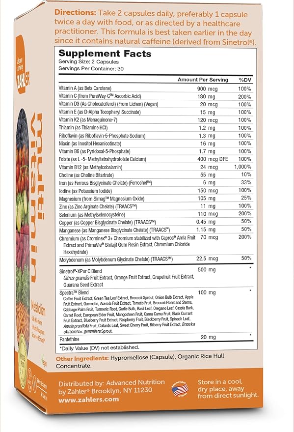 Zahler Multivitamin Metabolism, Daily Multivitamin +Weight Management Support, Multivitamin for Women and Men with Iron, Certified Kosher, 60 Capsules