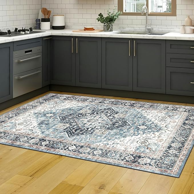 Area Rug 4×6, Vintage Boho Rug,Ultra-Soft Low Pile, Washable, Non Slip,Stain Resistant Printed Carpet for Living Room Bedrooms Playroom Office Kitchen, Blue/Navy