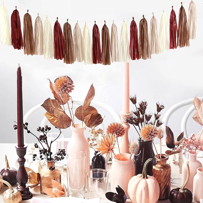 Brown Burgundy Champagne-Gold Party-Decorations - 30pcs Rustic Boho Wedding Tissue Pom-Poms Streamers ,Fall Autumn Tassel Garland Banner,Birthday Baby Bridal Shower Engagement Decor Lasting Surprise
