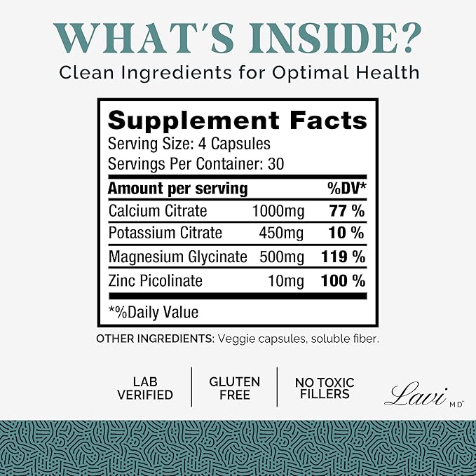 Lavi MD Potassium Magnesium Zinc Calcium Supplement – Premium Support for Bone & Muscle Health – Promotes Optimal Calcium Absorption – Magnesium Potassium Zinc Aspartate – 120 Capsules