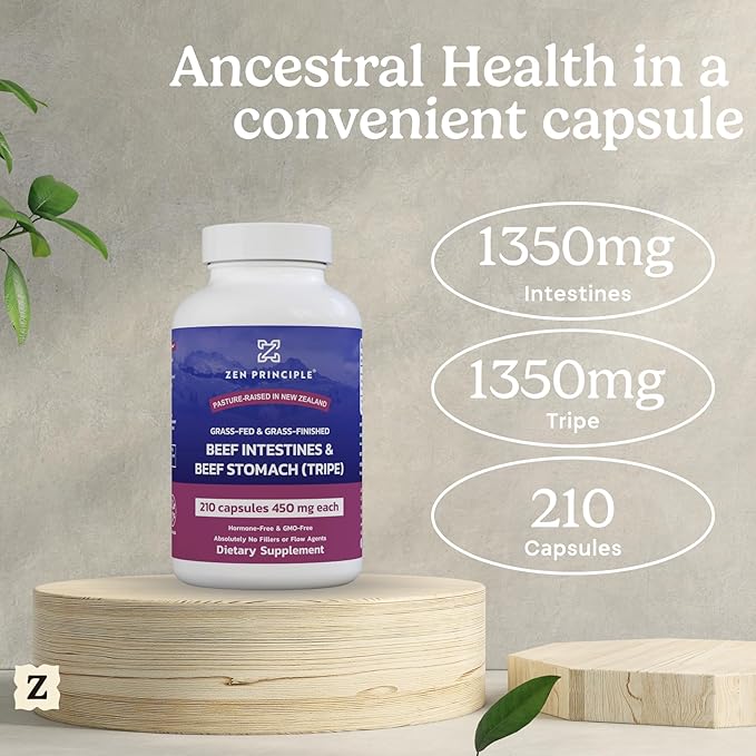 Zen Principle Grass Fed Beef Intestines with Stomach (Tripe) Supplement, Supports Digestive Health and Gut Balance, Supports Acid Reflux Balance, Natural Intestine Wellness, 210 Capsules
