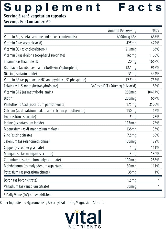 Vital Nutrients Multi-Nutrients 4 | Citrate/Malate Formula (with Copper and Iron) | Multi Vitamin/Mineral Formula with Potent Antioxidants | Bioavailable Form | Non-GMO | 180 Capsules