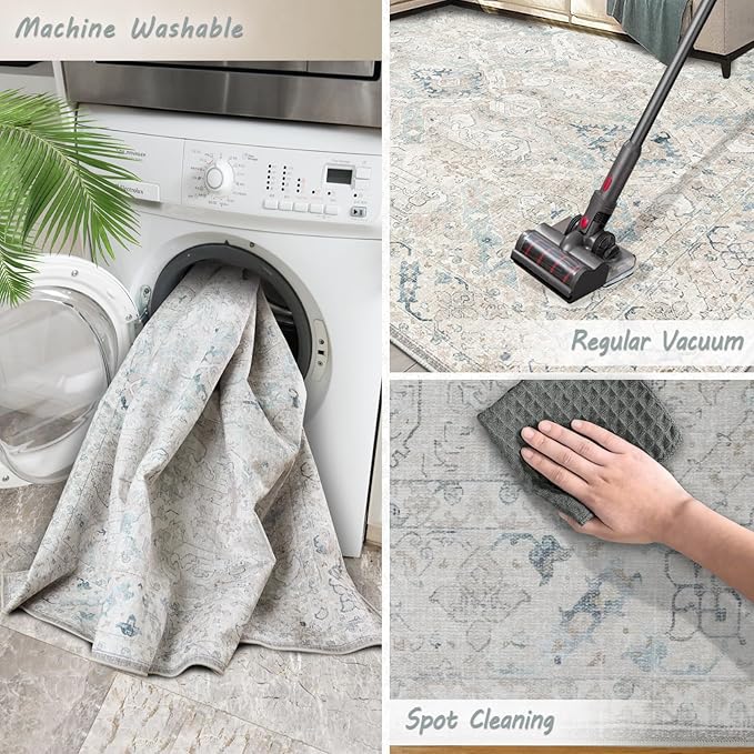 8x10 Area Rugs for Living Room, Machine Washable Non Slip Vintage Retro Rugs, Low Pile Lightweight Chenille Print Indoor Rug for Bedroom, Dining Room, Home Office(Grey/Blue/TAN/Teal/Green)