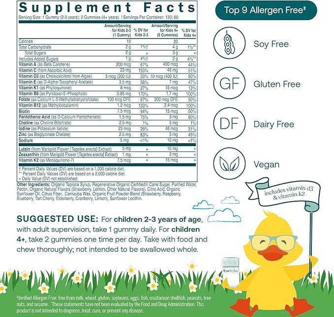 True Grace True Littles Daily Kids Multi - 120 Pectin Gummies - Immune, Cognitive, Bone & Eye Support - Clinically Studied Lutemax Kids Lutein & Vitamin D3 + K2 - Allergen Free & Vegan - 120 Servings