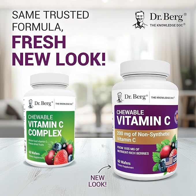 Dr. Berg Chewable Vitamin C Complex - Made with Organic, Non-GMO Berries - 60 Delicious Wafers
