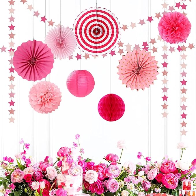 Hot-Pink Rose-Gold Party Decorations Garland - 62ft Twinkle Little Star Hanging Streamers Banner,Birthday Wedding Bridal Baby Shower Bachelorette Engagement Decor Hugtmr