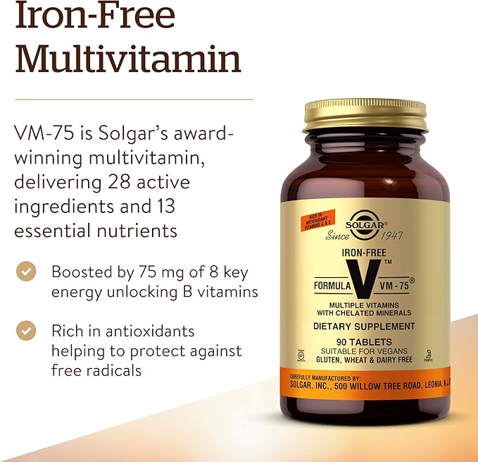Solgar Iron-Free Formula VM-75, 90 Tablets - Multivitamin with Chelated Minerals - Vitamin A, B6, B12, C, D, E - Biotin, Magnesium, Calcium, Zinc - Vegan, Gluten & Dairy Free, Kosher - 90 Servings