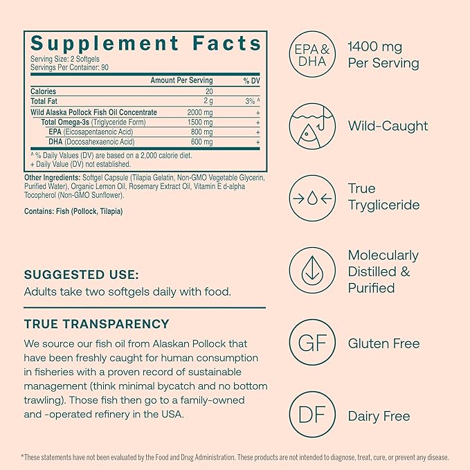 True Grace Omega-3 Fish Oil - 180 Softgels - 1400 mg EPA + DHA - Brain, Heart, Joint & Immune Health - Organic, Gluten Free, Soy Free